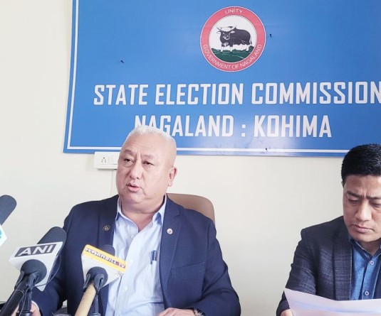 State Election Commissioner, Nagaland, T John Longkumer with Tsutsowe Kupa, Under Secretary to the State Election Commission at the press conference in Kohima, March 4. (Morung Photo)